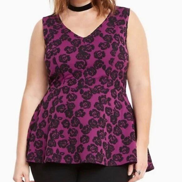 Torrid Sz 00 US 10 Babydoll Peplum Tank Top Witchy Whimsigoth Dark Roses Purple - Picture 1 of 14